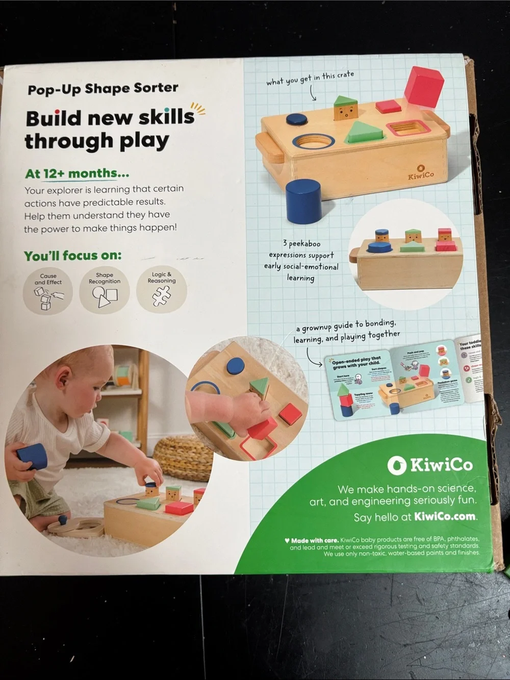 KiwiCo Wooden Pop-Up Shape Sorter Toy - Blue, Green, Pink, Natural